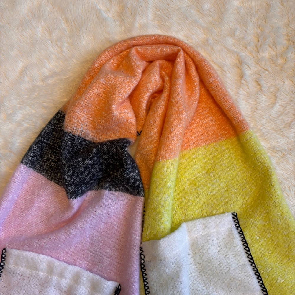 Colorblock Pocket Fringe Scarf - Pink, Orange, Yellow - Picture 4 of 6